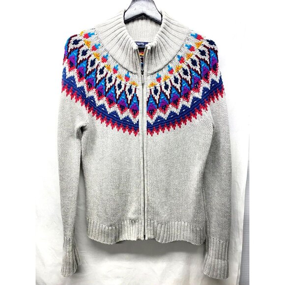 CHAPS Denim Knit Sweater Women's Gray/ Multi-Color Full Zip Nordic Fair Isle - Picture 2 of 9